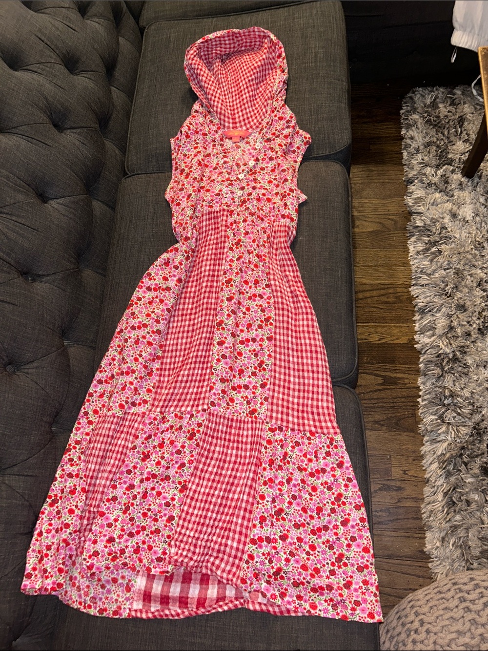 April Cornell Floral Gingham Maxi Dress in Red & Pink